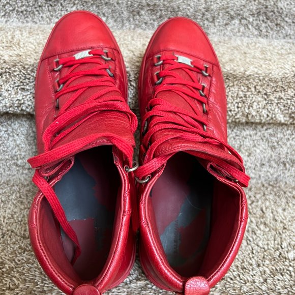 Balenciaga Arena Men's Red Leather High Top Sneakers. - Picture 8 of 14